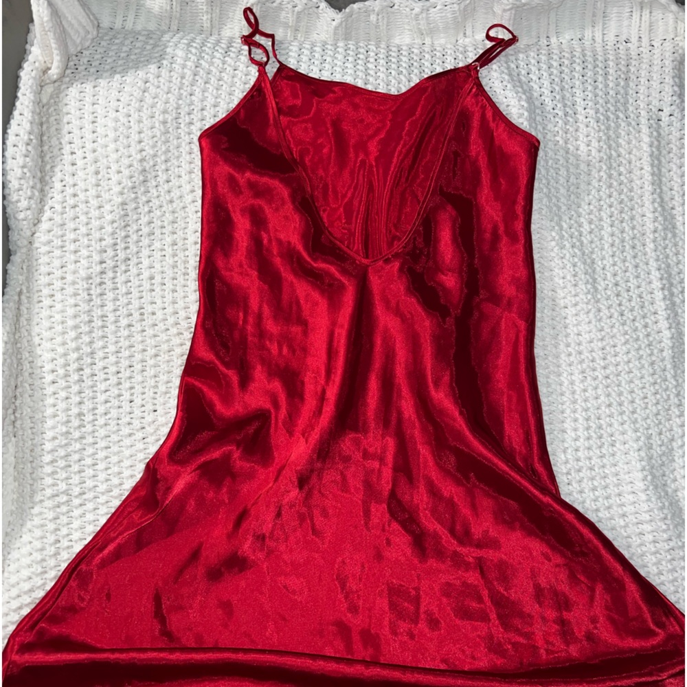 90’s-VINTAGE-Sexy-Red heart Silk-Slip Dress-